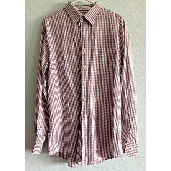 Peter Millar Mens Long Sleeve Shirt Large Tall Button Up Pink/Gray plaid - Picture 1 of 5